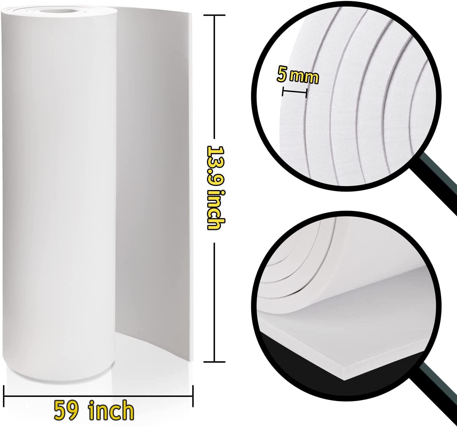 Rollo de hojas de espuma Eva blanca para cosplay, espuma Eva de primera calidad, 5 mm de grosor, 59 x 13,9 pulgadas, alta densidad, 86 kg/m3, para manualidades, disfraces, proyectos de bricolaje de PAIDU