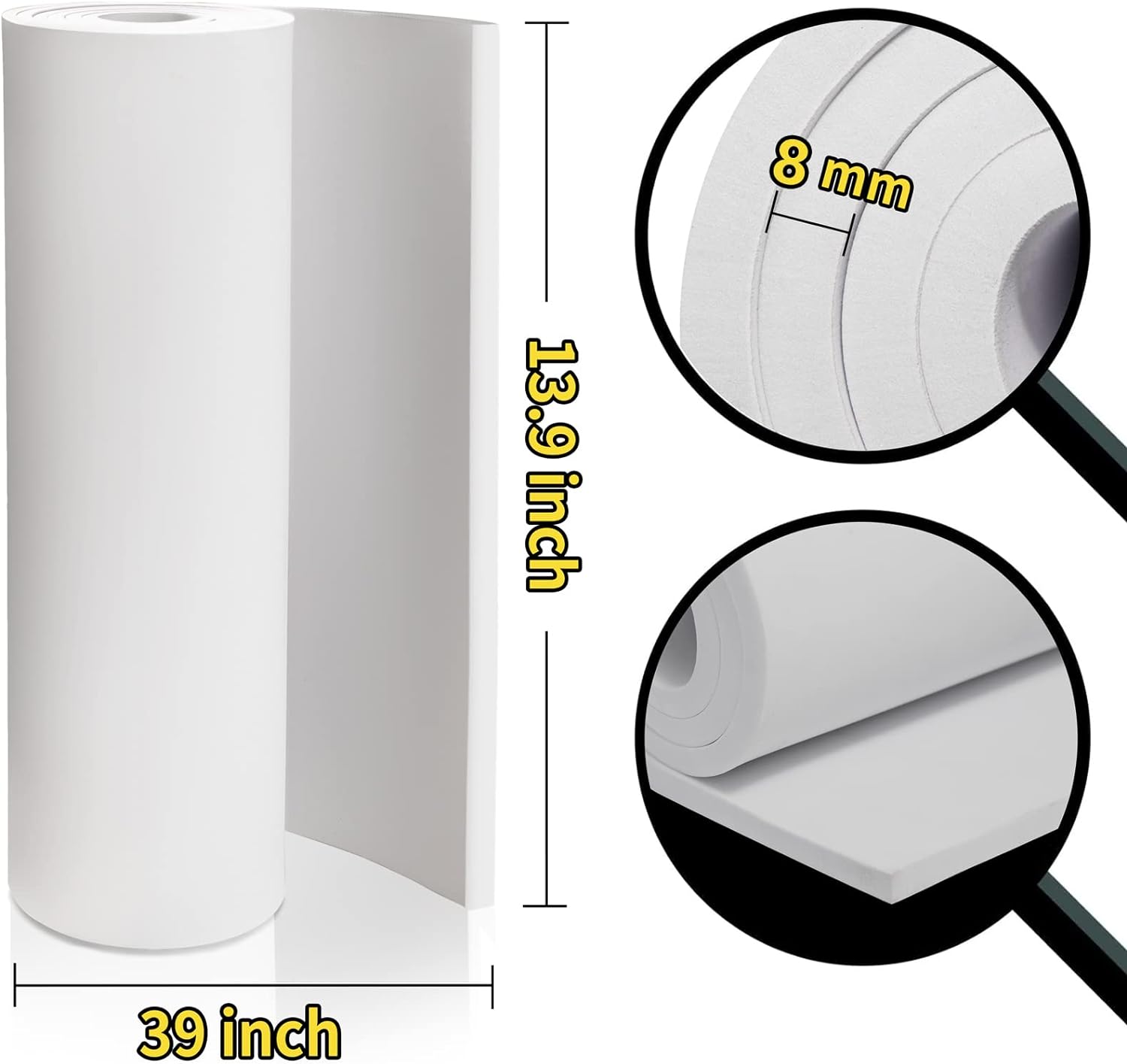 Rollo de hojas de espuma blanca, hoja de espuma Eva Premium para cosplay, 8 mm de grosor, 39 x 13,9 pulgadas, alta densidad, 86 kg/m3, para manualidades, disfraces, proyectos de bricolaje de PAIDU